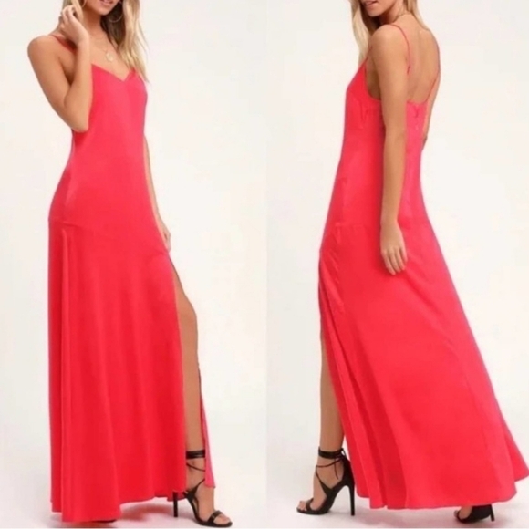 Lulus Hot Date Red Satin Maxi Dress Size Small Spaghetti Strap Slit Gown - Picture 1 of 10